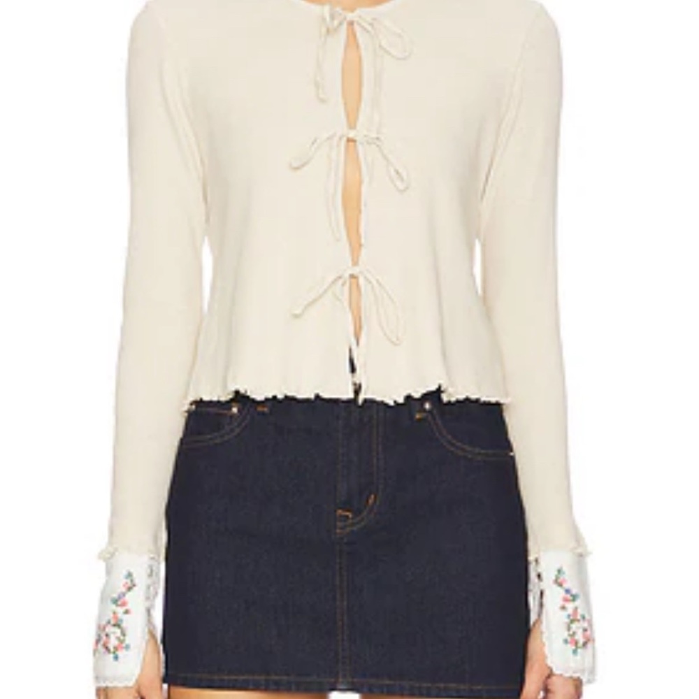 Free People Beige Tie-Front Blouse with Embroidered Cuffs